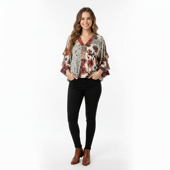 Umgee size medium ivory & blue boho top - Picture 1 of 7